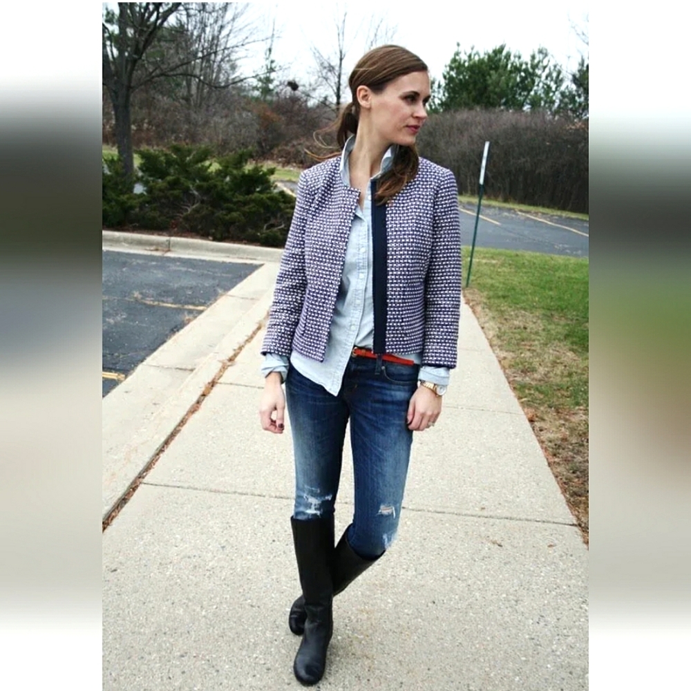 Nwot J.Crew Creme/Purple Tweed Silk Blend 3/4 Sleeve Cropped Blazer